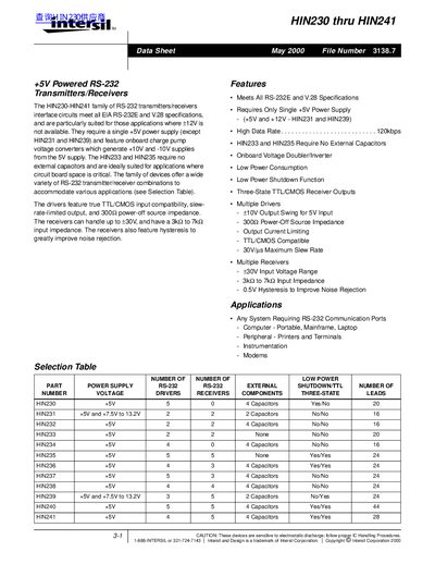 Intersil HIN230-HIN241 RS-232 Transceiver Datasheet - cover page