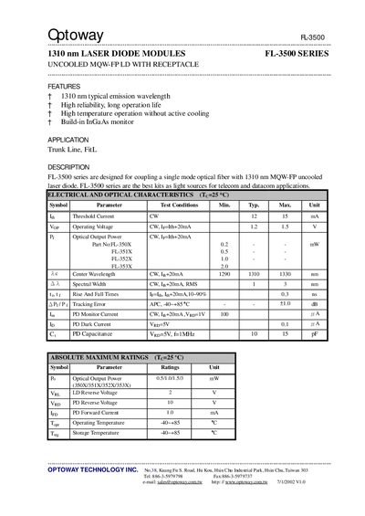 Optoway FL-3500 Series 1310 nm Laser Diode Module Datasheet - cover page