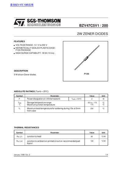 SGS‑Thomson BZV47C5V1/BZV47C200 2W Zener Diode Datasheet - cover page