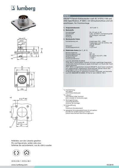 LUMBERG 0318-2 SWUM -Flansch-Einbaustecker nach IEC 61076-2-106 und AISG-Spezifikation IP 68/67 mit Schraubverschluss und L&ouml;tanschl&uuml;ssen f&uuml;r Frontmontage handbook - cover page