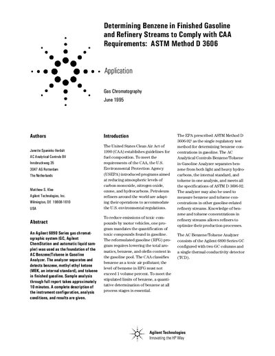Agilent Determining Benzene in Finished Gasoline Refinery Streams to Comply with CAA Requirements: ASTM Method D 3606 - cover page