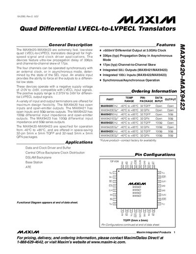 Maxim MAX9420-MAX9423 Quad Differential LVECL-to-LVPECL Translators Datasheet - cover page