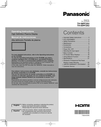 Panasonic TH-58PF20U/TH-65PF20U Plasma Display Operating Instructions - cover page