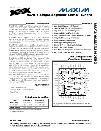 Maxim MAX2160/MAX2160EBG ISDB-T Single-Segment Low-IF Tuners Datasheet - cover page