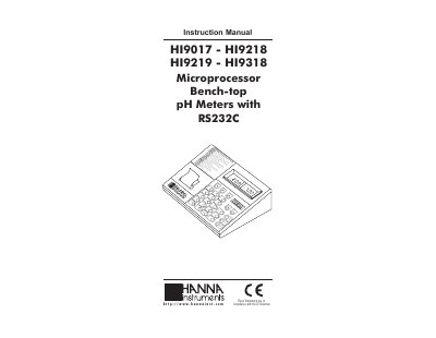 HANNA HI9017 - HI9218 HI9219 - HI9318 Microprocessor Bench-top pH Meters with RS232C Instruction Manual - cover page