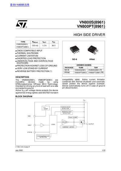 ST VN800S(8961) VN800PT(8961) Data Sheet  - cover page