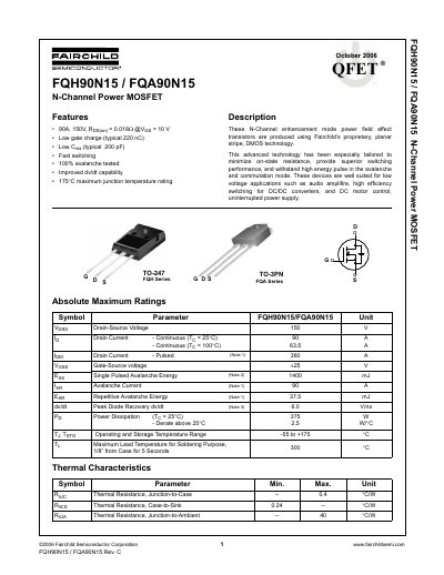 Fairchild Semiconductor FQH90N15/FQA90N15 N-Channel Power MOSFET Datasheet - cover page