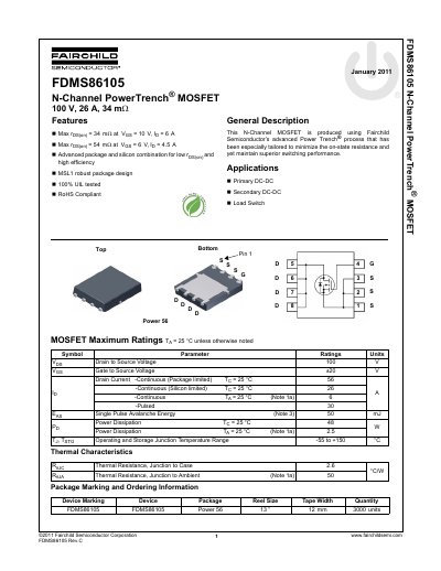 Fairchild FDMS86105 N-Channel PowerTrench MOSFET Datasheet - cover page