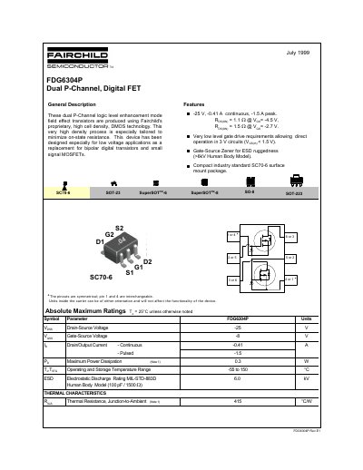 Fairchild FDG6304P Dual P-Channel Digital FET Datasheet - cover page