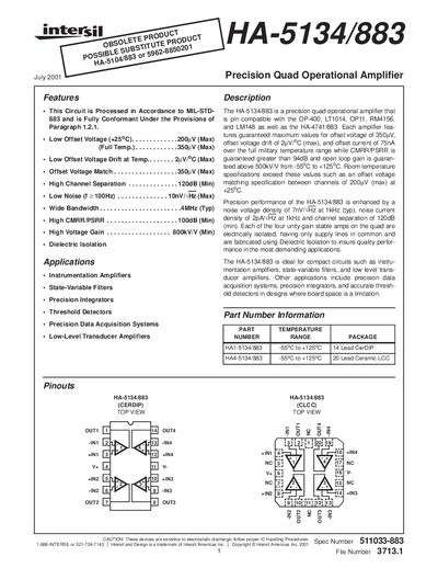 Intersil HA-5134/883 Precision Quad Operational Amplifier Datasheet