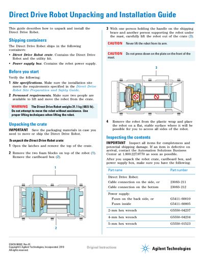 Agilent Direct Drive Robot Unpacking Installation Guide - cover page