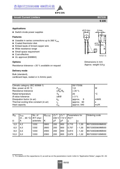 EPCOS B57235 Inrush Current Limiter Datasheet - cover page