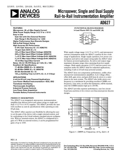 Analog Devices AD627 Instrumentation Amplifier Datasheet - cover page