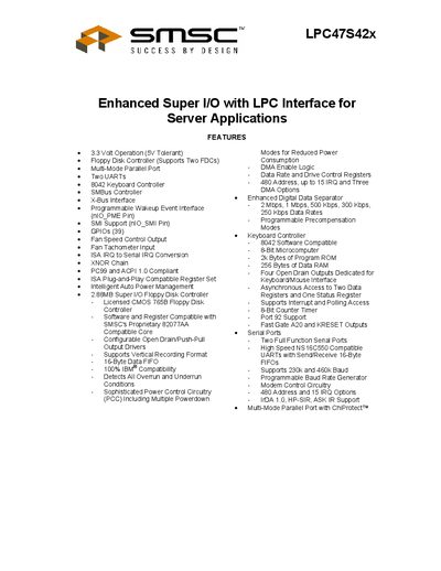 SMSC LPC47S42x Enhanced Super I/O with LPC Interface Datasheet - cover page