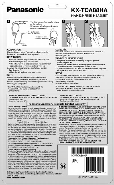 Panasonic KX-TCA88HA Hands-Free Headset User Manual - cover page