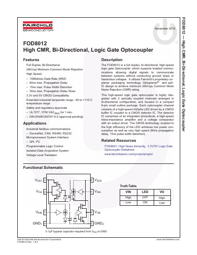 Fairchild Semiconductor FOD8012 High CMR Bi-Directional Logic Gate Optocoupler Datasheet - cover page