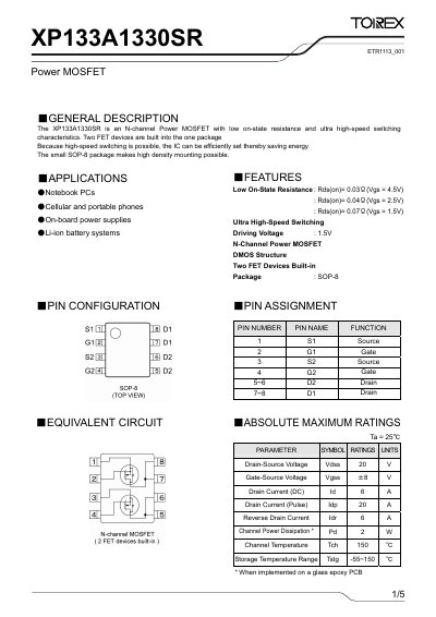 Torex XP133A1330SR Power MOSFET Datasheet - cover page