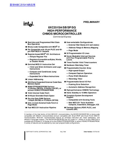 Intel 8XC251SA/SB/SP/SQ High-Performance CHMOS Microcontroller Datasheet - cover page