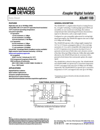 Analog Devices ADuM1100 Digital Isolator Datasheet - cover page