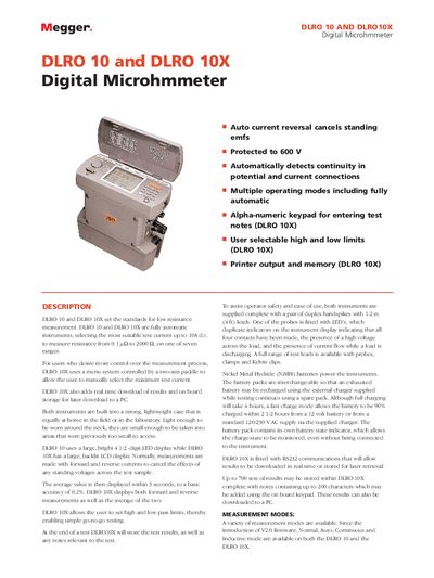 Megger DLRO 10 / DLRO 10X Digital Microhmmeter Handbook - cover page