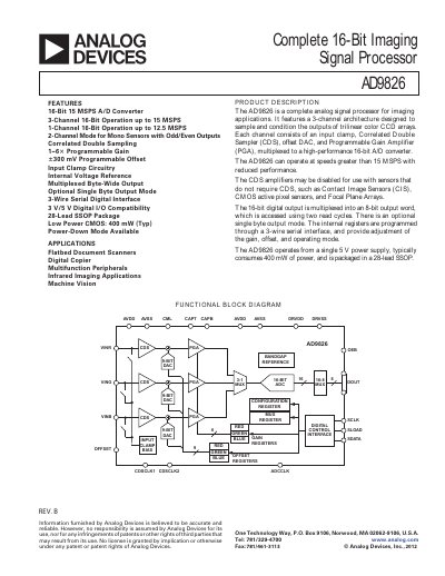 Analog Devices AD9826 16‑Bit Imaging Signal Processor Datasheet - cover page