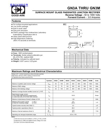 GOOD-ARK GN3A THRU GN3M SURFACE MOUNT GLASS PASSIVATED JUNCTION RECTIFIER Reverse Voltage - 50 to 1000 Volts Forward Current - 3.0 Amperes handbook - cover page