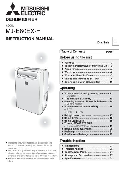 Mitsubishi Electric MJ-E80EX-H Dehumidifier User Manual - cover page