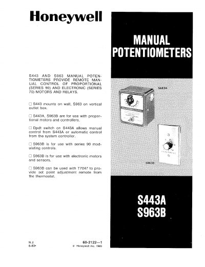 Honeywell S443A and S963B Manual Potentiometer Installation Manual - cover page