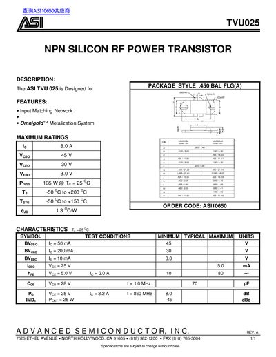ASI TVU025 NPN Silicon RF Power Transistor Datasheet - cover page