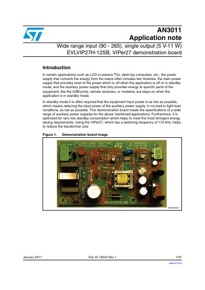 ST AN3011 Application note Wide range input (90 - 265) single output (5 V-11 W) EVLVIP27H-12SB VIPer27 demonstration board handbook - cover page