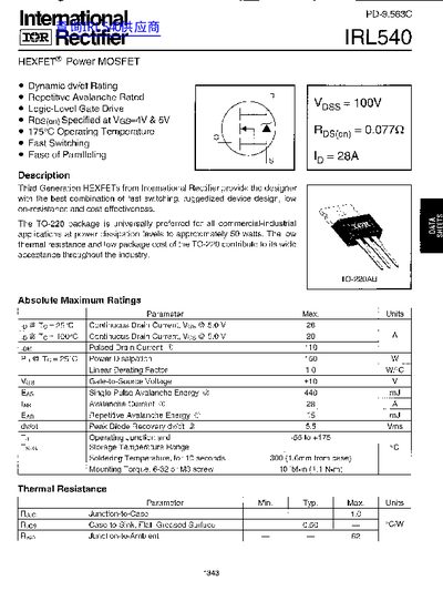 International Rectifier IRL540 Power MOSFET Datasheet - cover page