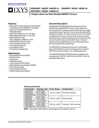 IXYS IXDN402PI N402SI N402SI-16 IXDI402PI I402SI I402SI-16 IXDF402PI F402SI F402SI-16 DATA SHEET - cover page