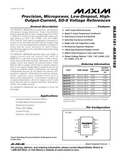 MAXIM MAX6161 MAX6168 Precision Micropower Low-Dropout HighOutput-Current SO-8 Voltage References handbook - cover page