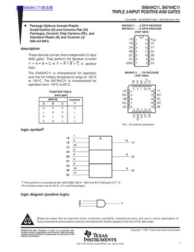Texas Instruments SN54HC11, SN74HC11 Triple 3-Input Positive-AND Gates Datasheet
