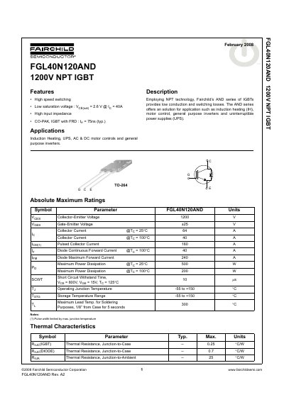 Fairchild FGL40N120AND 1200V NPT IGBT Datasheet - cover page