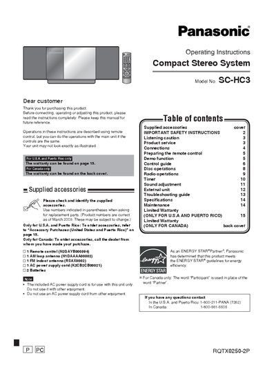 Panasonic SC-HC3 Compact Stereo System Operating Instructions - cover page