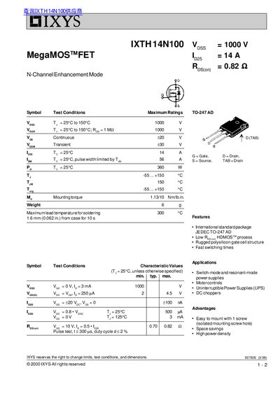 IXYS IXTH14N100 N-Channel Enhancement Mode MOSFET Datasheet - cover page