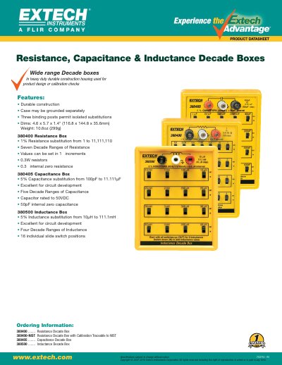 EXTECH 380400 ........ Resistance Decade Box 380400-NIST Resistance Decade Box with Calibration Traceable to NIST 380405 ........ Capacitance Decade Box 380500 ........ Inductance Decade Box Manual - cover page
