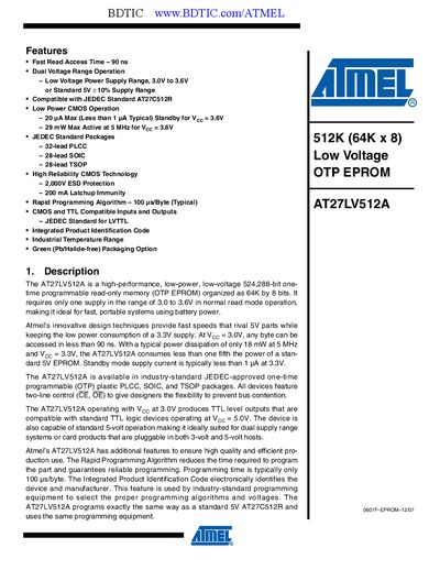 Atmel AT27LV512A OTP EPROM Datasheet - cover page