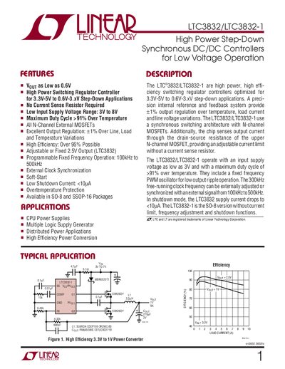 LINEAR TECHNOLOGY LTC3832/LTC3832-1 sn3832 3832fs High Power Step-Down Synchronous DC/DC Controllers for Low Voltage Operation handbook - cover page