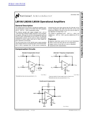 National Semiconductor LM108/LM208/LM308 Operational Amplifiers Datasheet