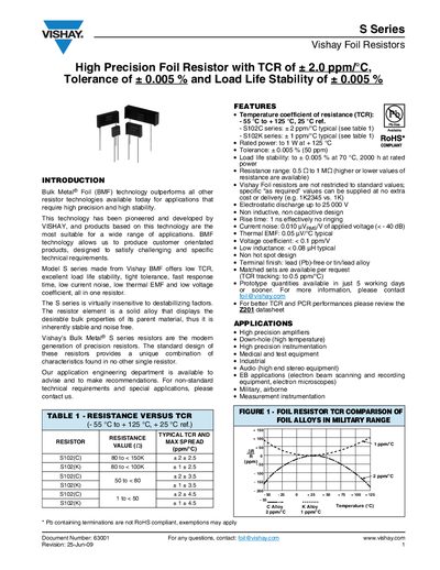 VISHAY PRECISION GROUP S Series Vishay Foil Resistors High Precision Foil Resistor with TCR of &plusmn; 2.0 ppm/&deg;C Tolerance of &plusmn; 0.005 % Load Life Stability of &plusmn; 0.005 % - cover page