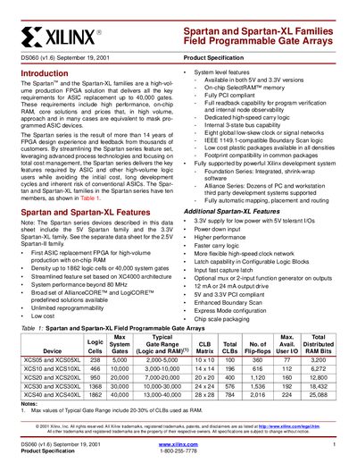 Xilinx Spartan and Spartan-XL FPGA Families Datasheet - cover page