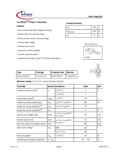 Infineon SPA11N60CFD CoolMOS Power Transistor Datasheet