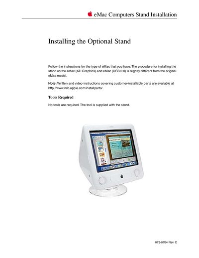 Apple eMac Computers Stand Installation Installing the Optional Stand - cover page