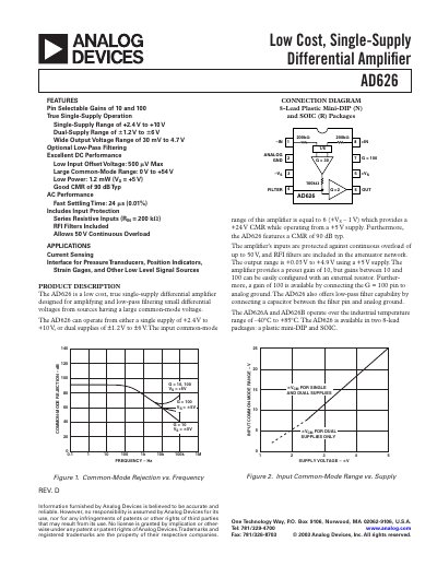 Analog Devices AD626 Low Cost Single‑Supply Differential Amplifier Datasheet - cover page