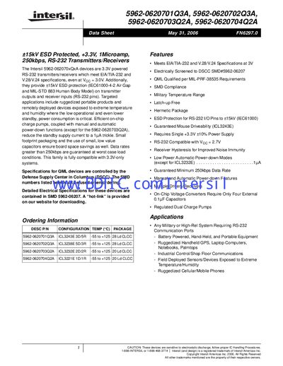 Intersil 5962-0620701Q3A RS-232 Transceiver Datasheet - cover page