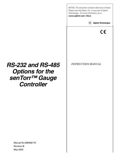 Agilent senTorr Gauge Controller RS-232 and RS-485 Options Installation Guide - cover page