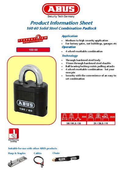 ABUS 160 60 Solid Steel Combination Padlock Product Information Sheet - cover page