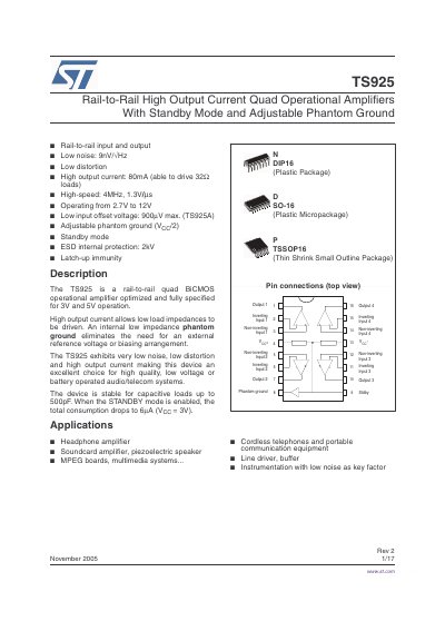 STMicroelectronics TS925 Rail-to-Rail Quad Operational Amplifier Datasheet - cover page